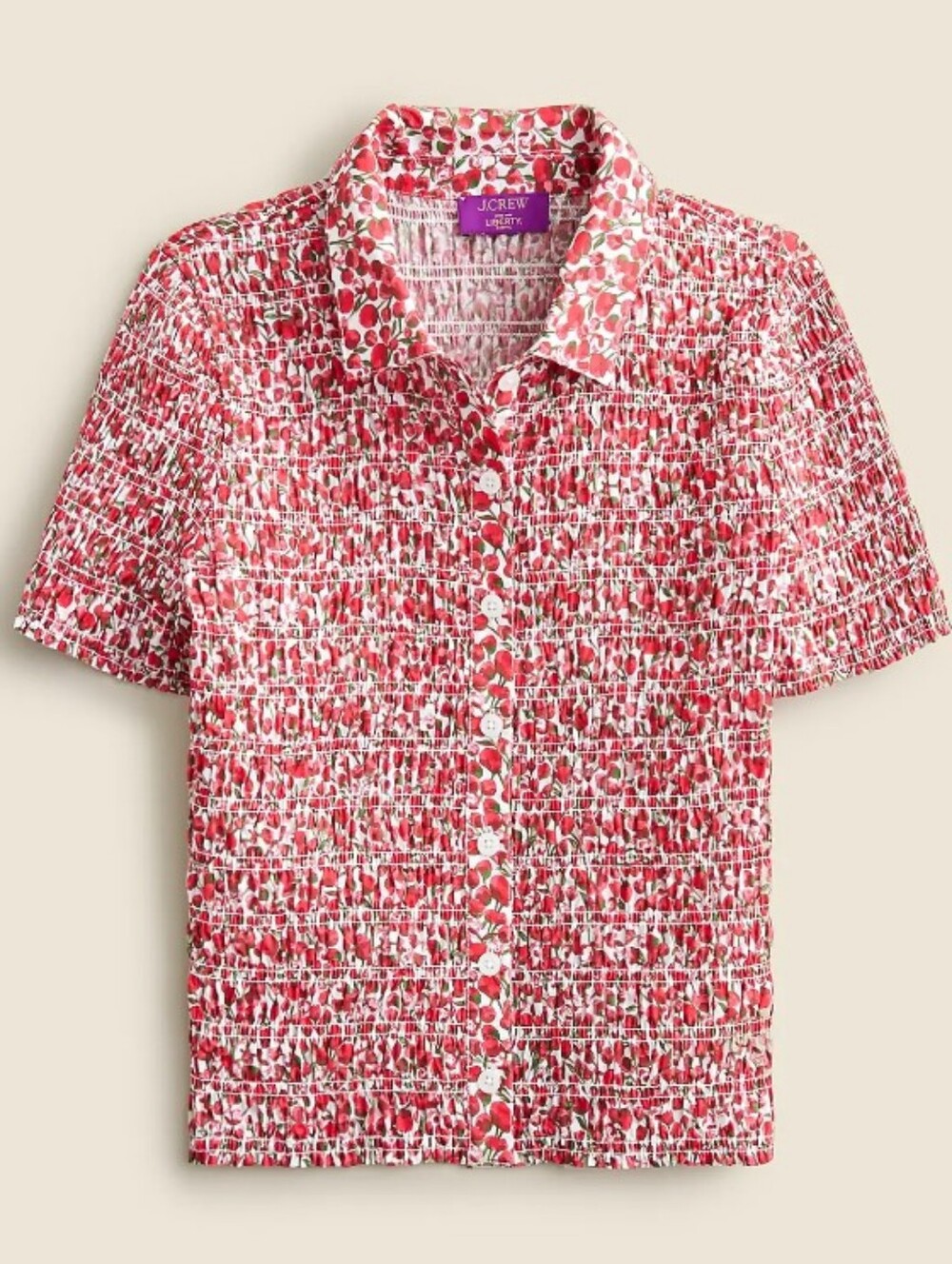 J. Crew Smocked button-up shirt in Liberty Eliza's Red fabric